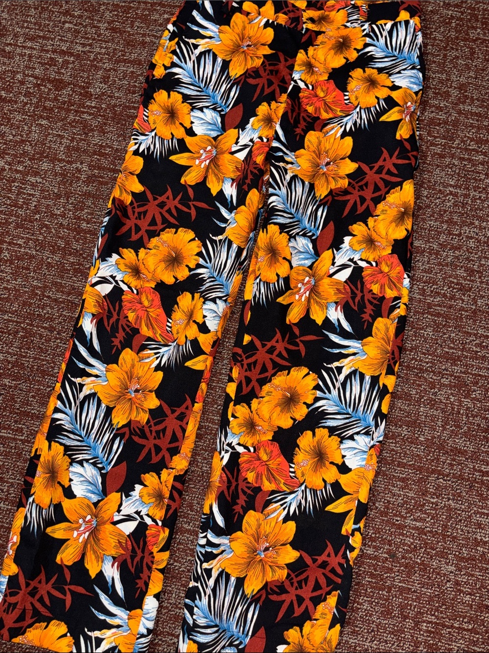 Vibrant wide leg trousers floral Hawaiian hibiscus red orange relaxed fit 14